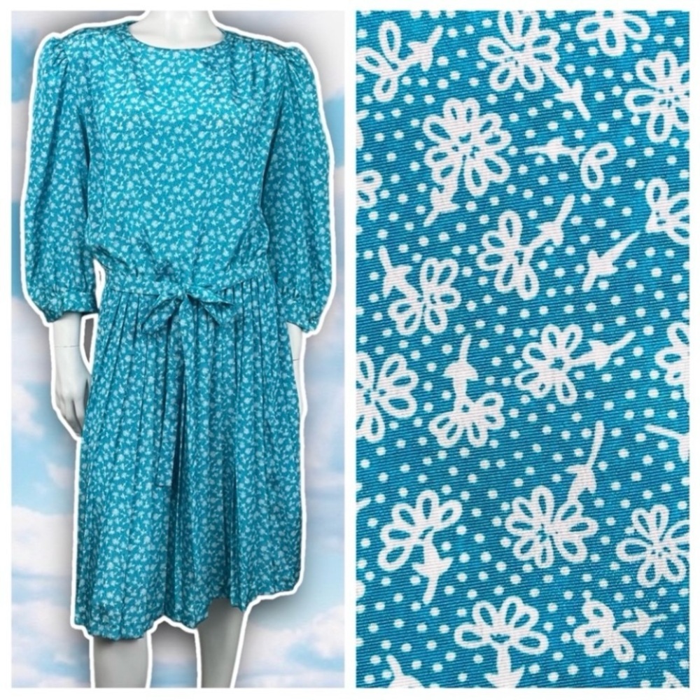 VINTAGE Lady Carol Petites 80s Ditsy Floral Tie Waist Pleated Midi Dress Prairie